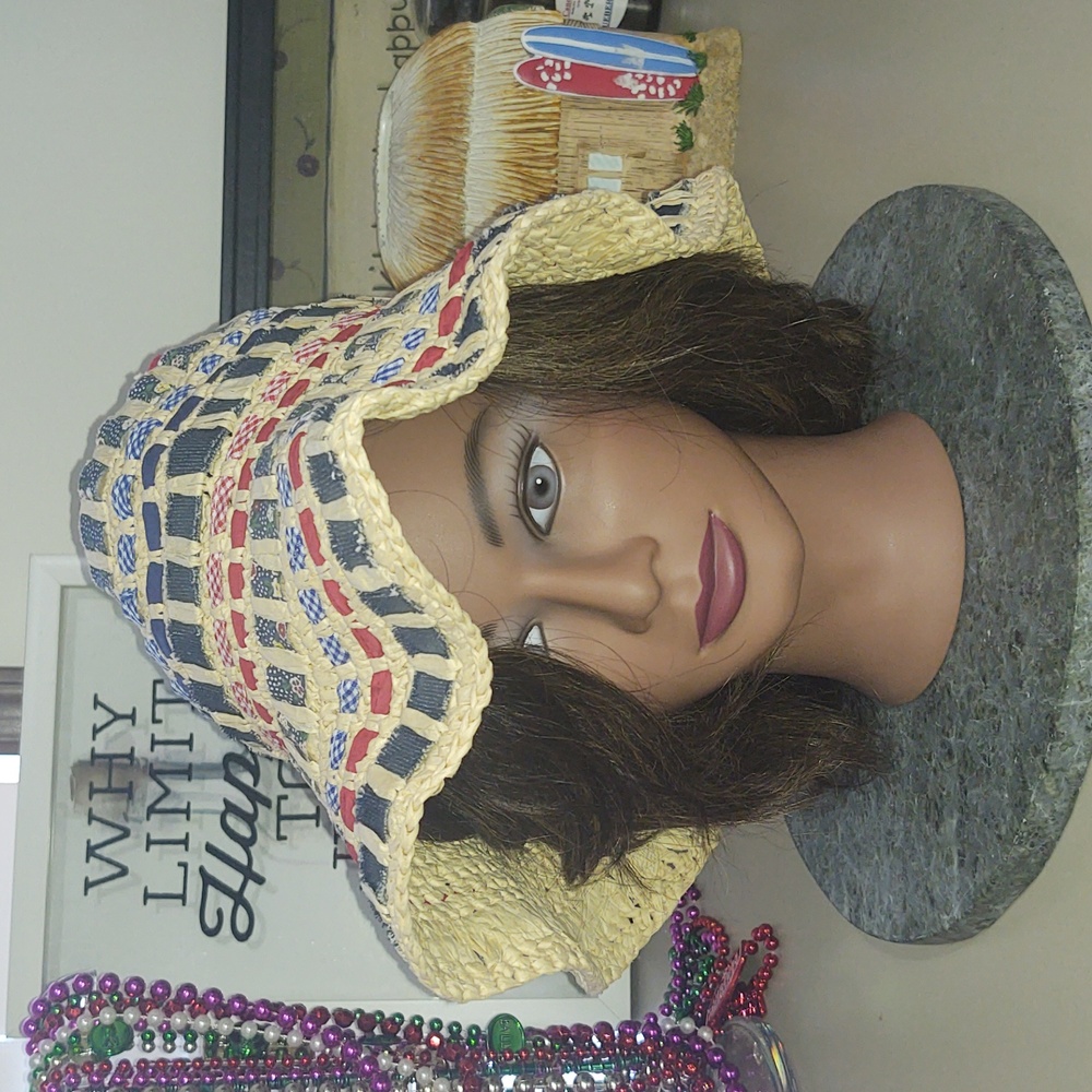 VINTAGE Crochet Straw & Mixed Ribbon Bucket Hat